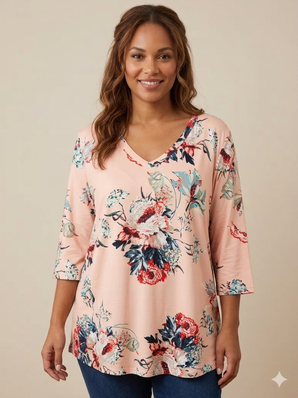 Floral V-Neck Pink 3/4 Sleeve Women's Top